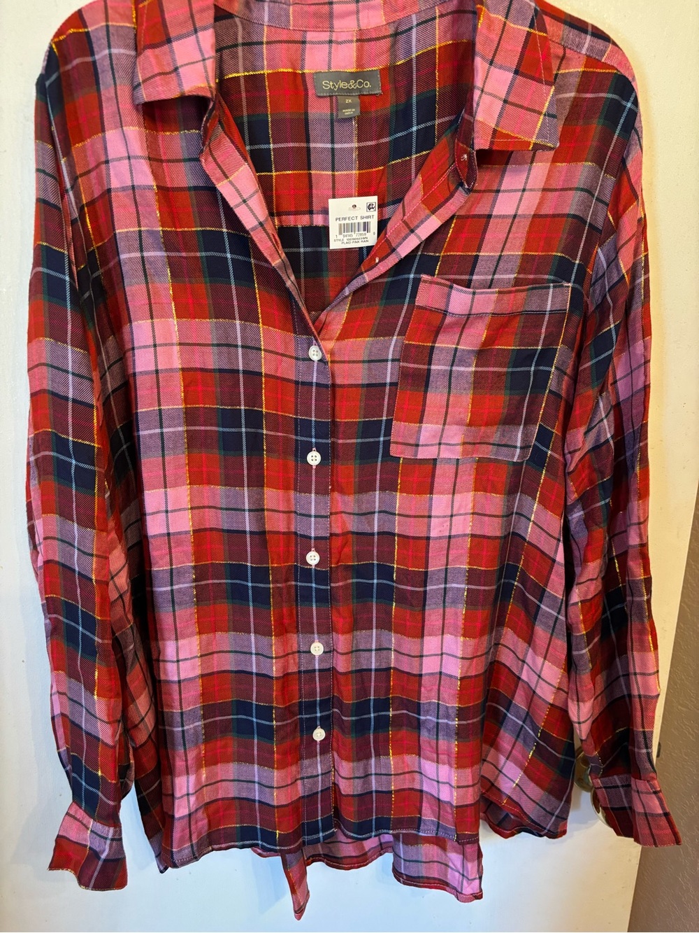 Style & Co. Pink Red Plaid Shirt with Navy Accents